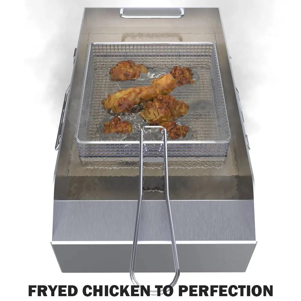 Deep fryer basket holding fried chicken pieces in hot oil inside Sunstone stainless fryer insert.