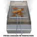 Deep fryer basket holding fried chicken pieces in hot oil inside Sunstone stainless fryer insert.