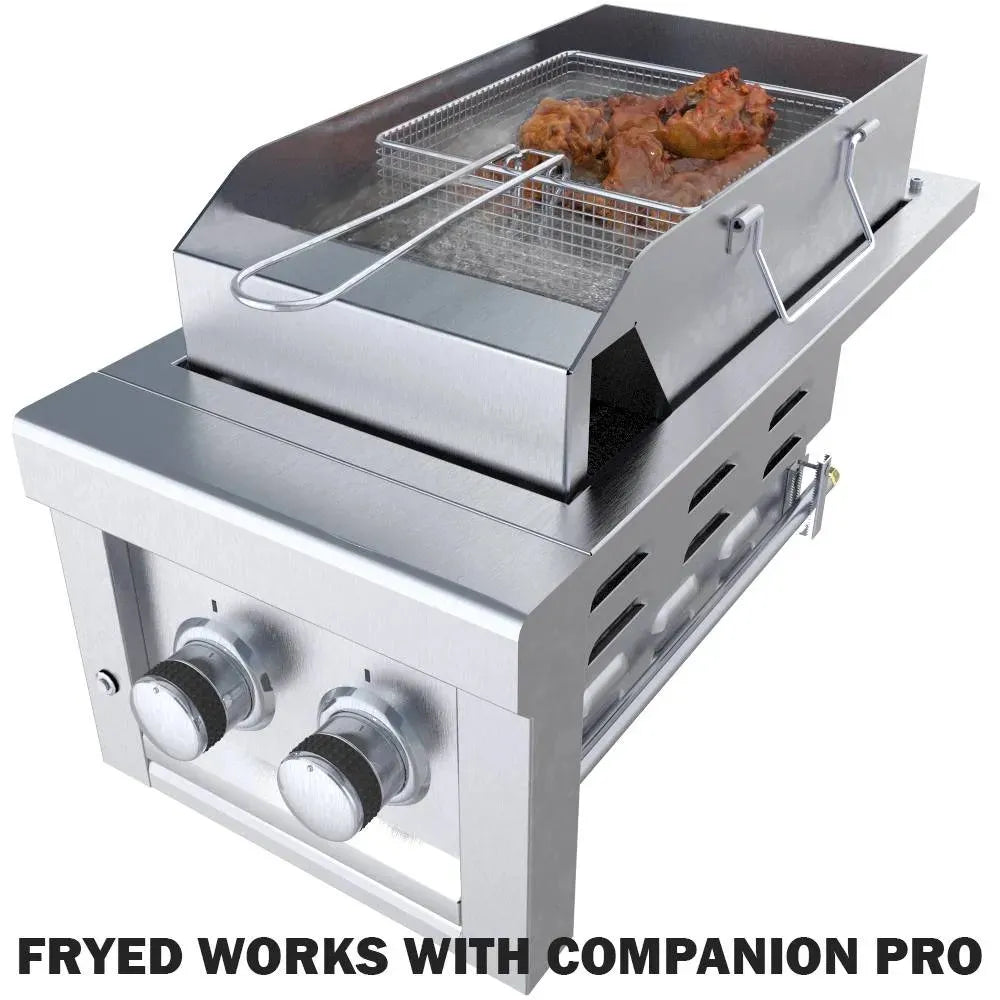 Sunstone deep fryer grill insert set on a companion burner unit, frying chicken in basket on stainless outdoor cooking station.