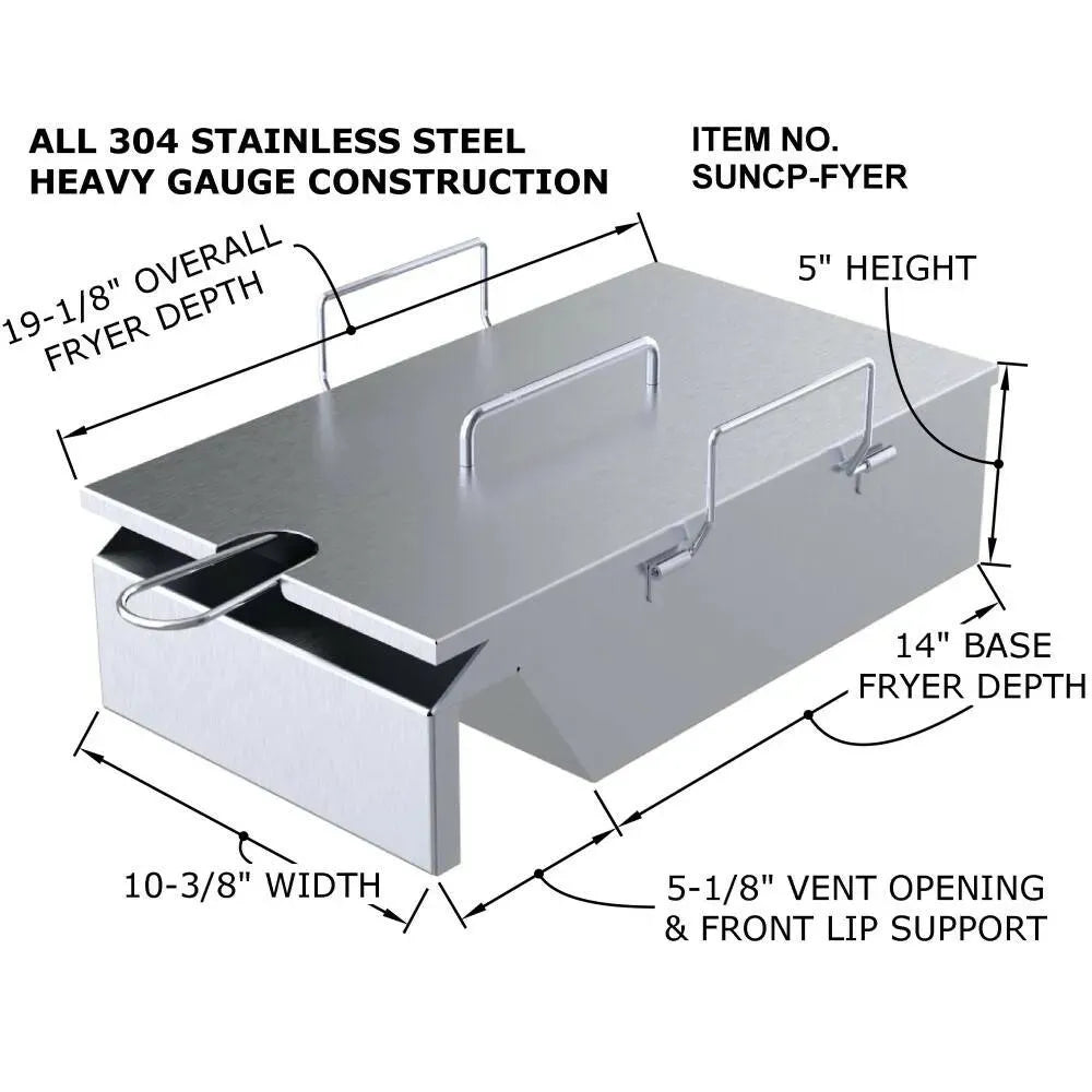 Sunstone SUNCP-FYER stainless deep fryer insert with labeled dimensions and measurements for width, depth, height, and vent opening.