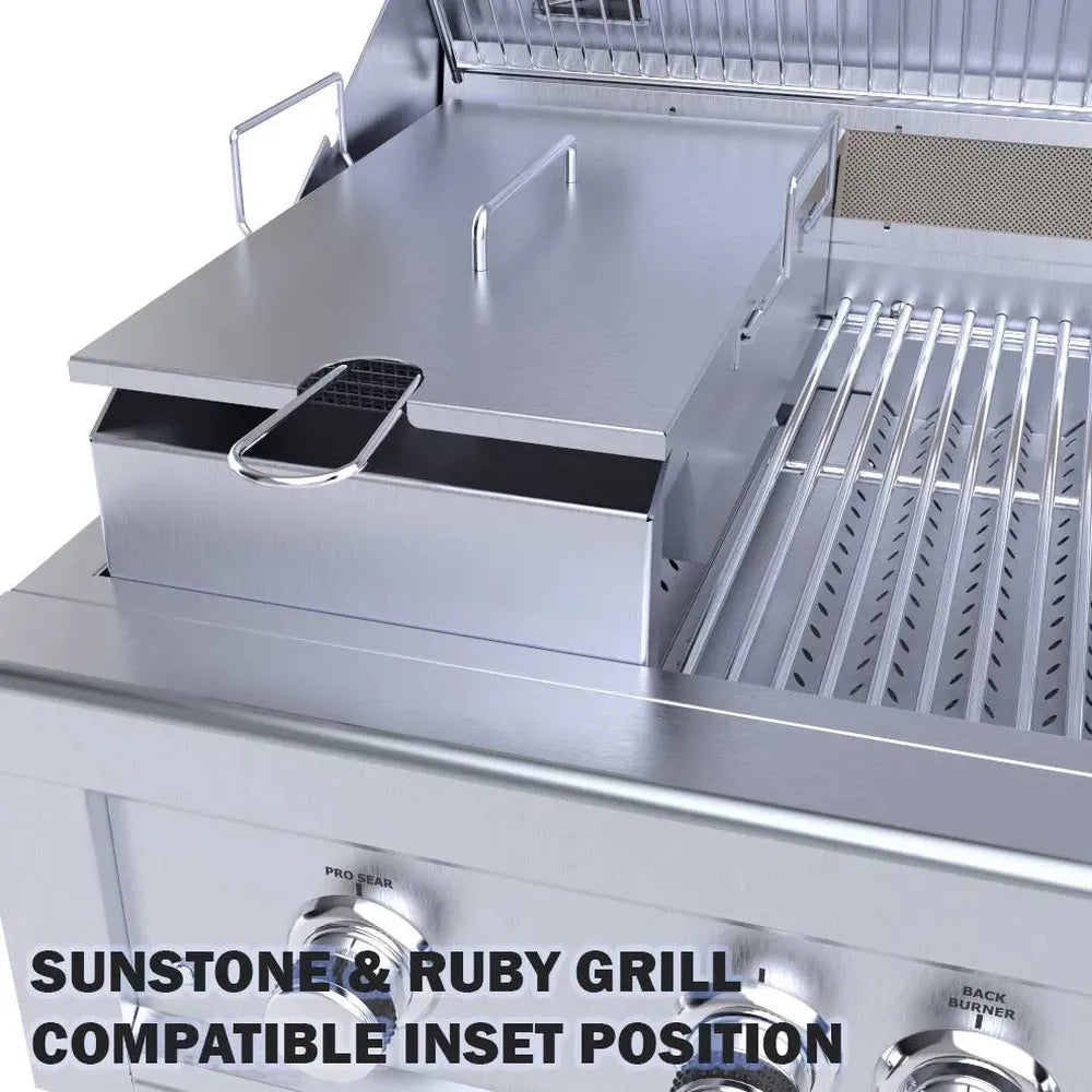 Sunstone deep fryer insert installed in a stainless gas grill cooktop, shown as compatible inset position beside grill grates.