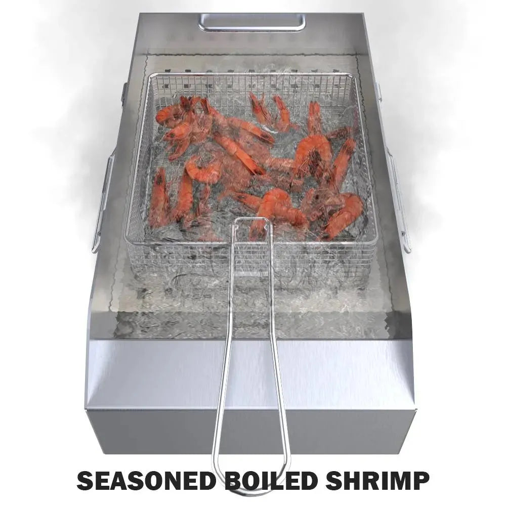 Sunstone fryer basket filled with shrimp in boiling water inside stainless deep fryer insert, top-down view.