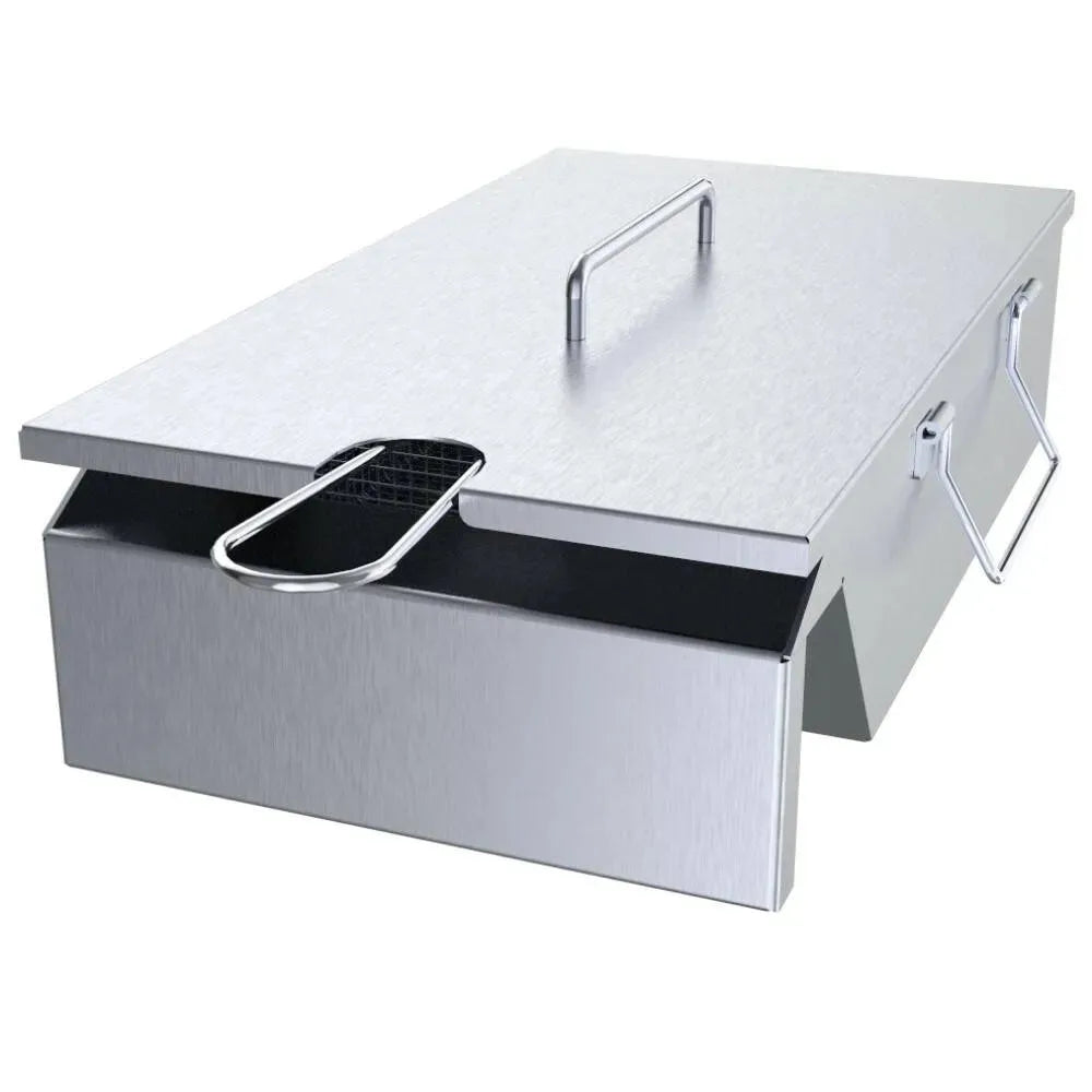 Sunstone deep fryer grill insert with stainless lid and side handles, basket handle visible through front opening.
