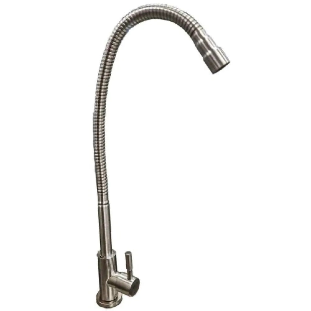 Sunstone SUN24PCB-Faucet cold-water pot filler faucet in satin finish with flexible gooseneck spout and single lever handle.