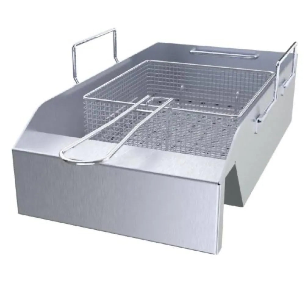 Sunstone SUNCP-FYER 10" deep fryer grill insert, stainless pan with wire fryer basket and long handle on white background.