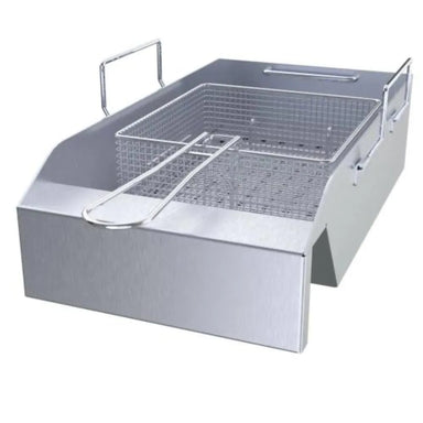 Sunstone SUNCP-FYER 10" deep fryer grill insert, stainless pan with wire fryer basket and long handle on white background.