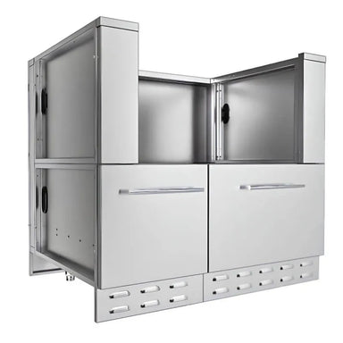 Sunstone SAC37HGDC 37-inch pellet grill base cabinet in stainless steel, dual drawers and open rear access for outdoor kitchen setup.