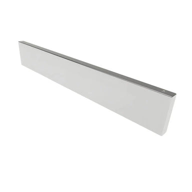 Detailed close-up of a Sunstone SCC25KP 25-1/2 inch stainless steel side kickplate showing the brushed #4 finish and the seamless transition where it meets the cabinet base.