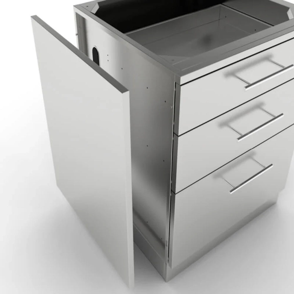 Installation guide visual showing a Sunstone SCC27EP universal end panel being aligned with a 3-drawer stainless steel outdoor kitchen base cabinet to provide a finished side profile.