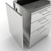 Installation guide visual showing a Sunstone SCC27EP universal end panel being aligned with a 3-drawer stainless steel outdoor kitchen base cabinet to provide a finished side profile.