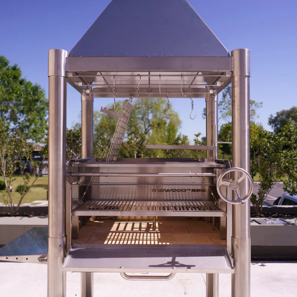 Tagwood BBQ BBQ02SS SS304 grill front view with adjustable grate and crank wheel