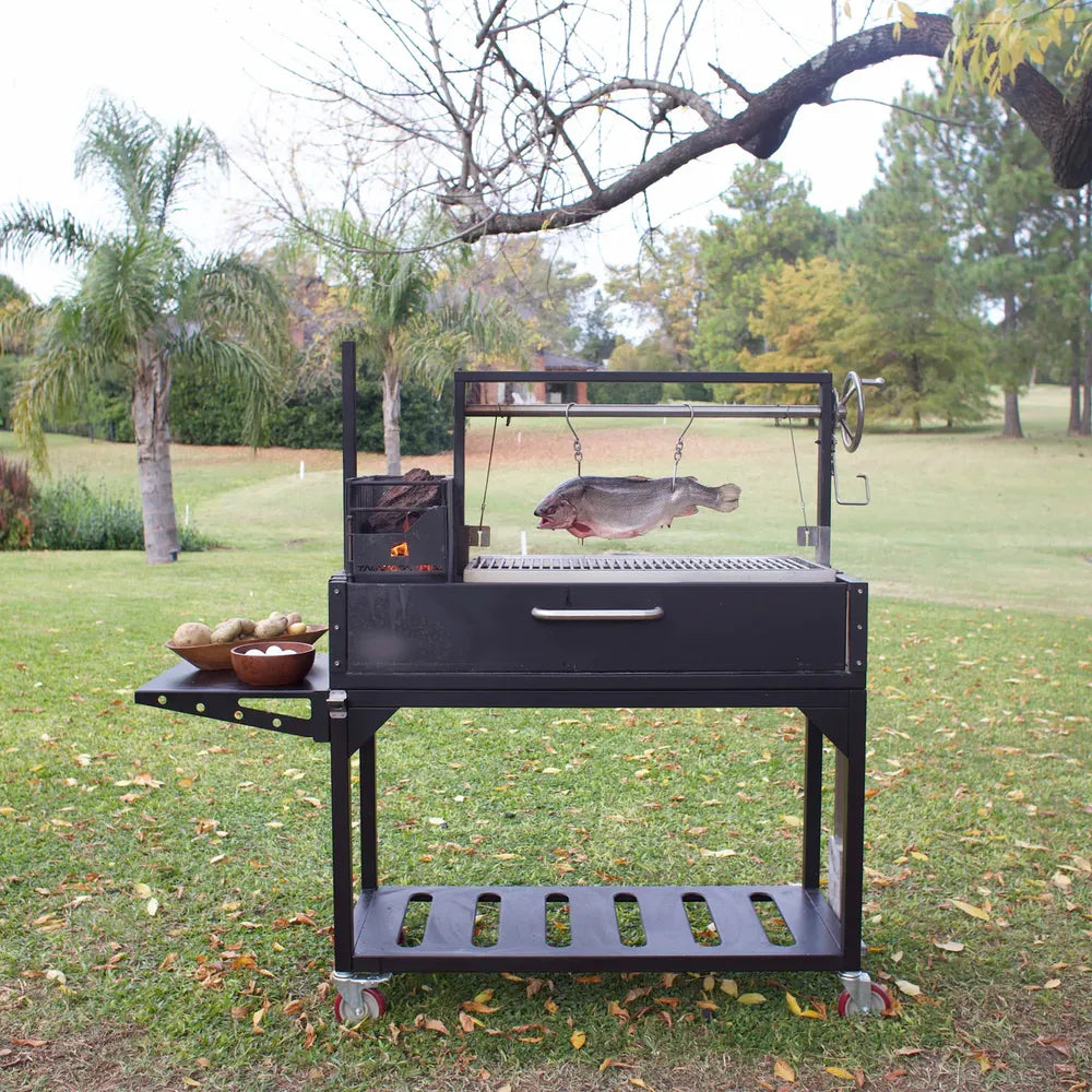Tagwood BBQ03SI Santa Maria grill with whole fish hanging on adjustable hooks over charcoal