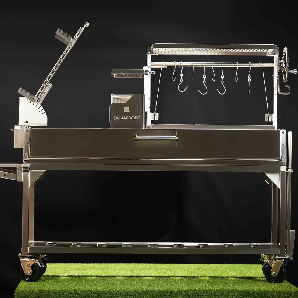 Tagwood BBQ06SS Santa Maria grill studio front view with rotisserie cage attachment
