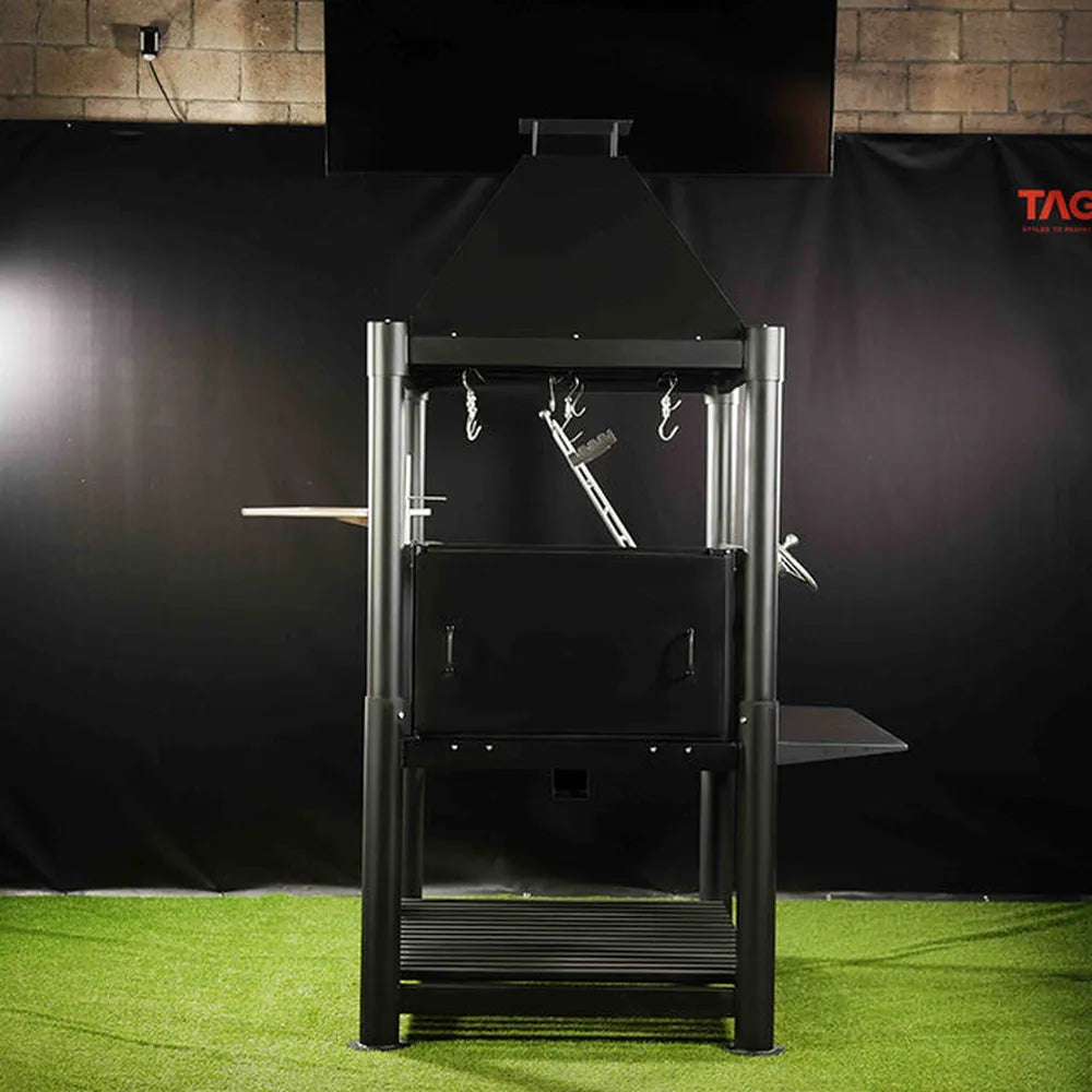 Tagwood BBQ BBQ12SI Santa Maria wood fire grill with closed firebox and side shelves