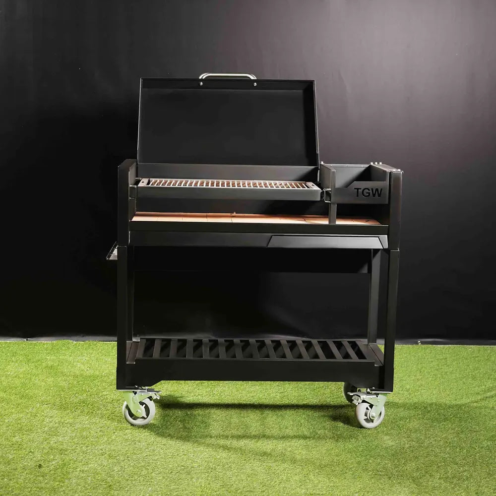 Tagwood BBQ18SI Argentine charcoal grill front view on wheeled cart