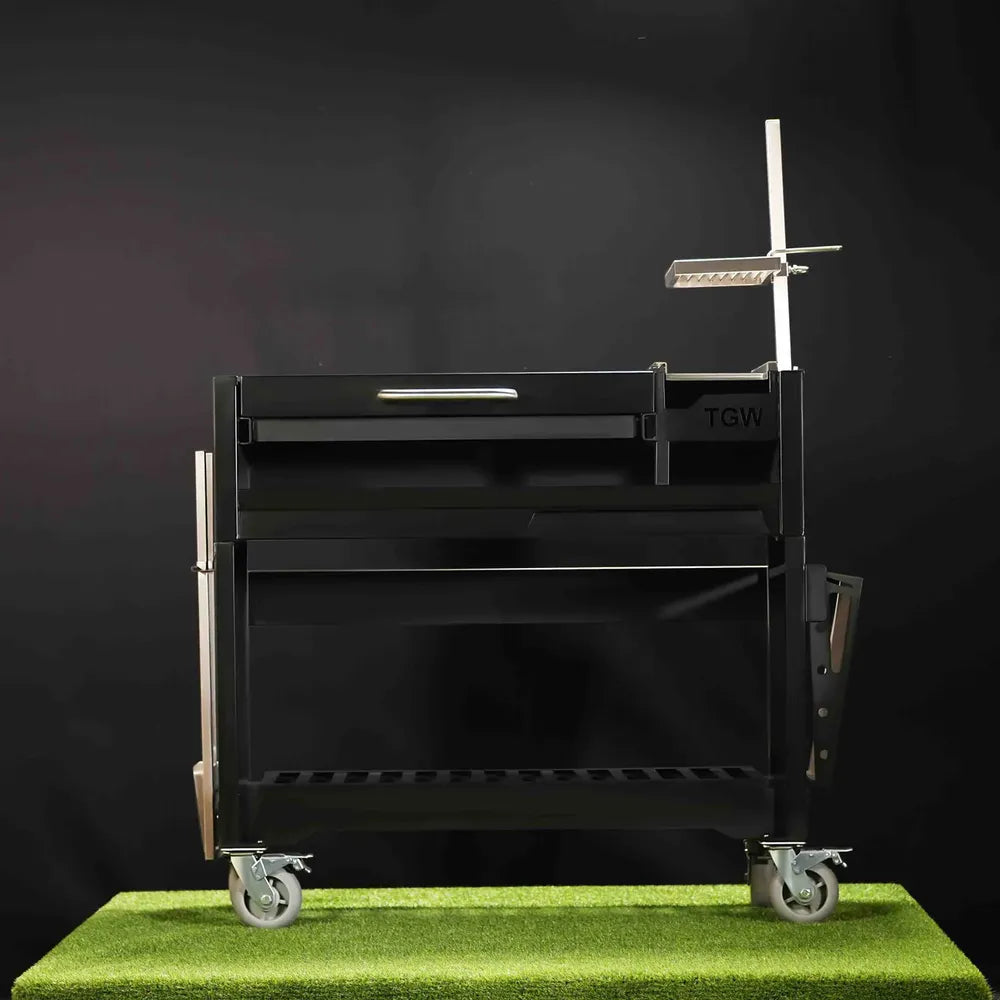 Tagwood BBQ18SI Argentine grill side view with height-adjustable grate crank