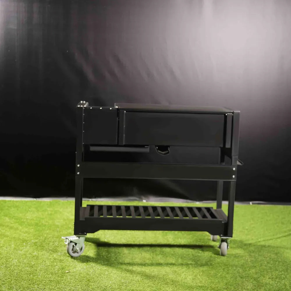 Tagwood BBQ18SI Argentine grill rear view on wheeled cart with storage shelf