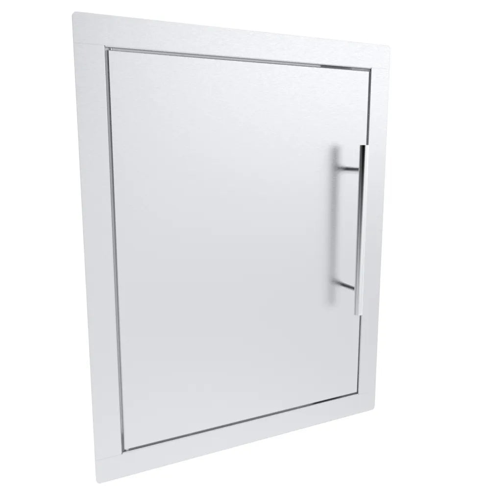 Angled view of Sunstone TEX-16SD 16-inch reversible stainless access door for outdoor BBQ island storage.