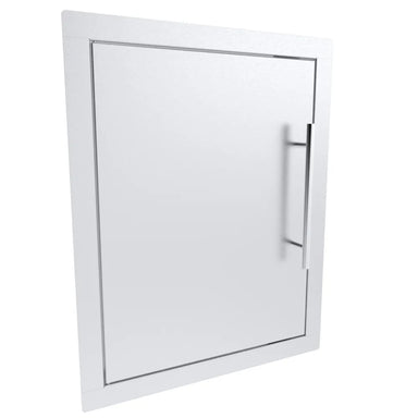 Angled view of Sunstone TEX-16SD 16-inch reversible stainless access door for outdoor BBQ island storage.