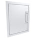 Angled view of Sunstone TEX-16SD 16-inch reversible stainless access door for outdoor BBQ island storage.