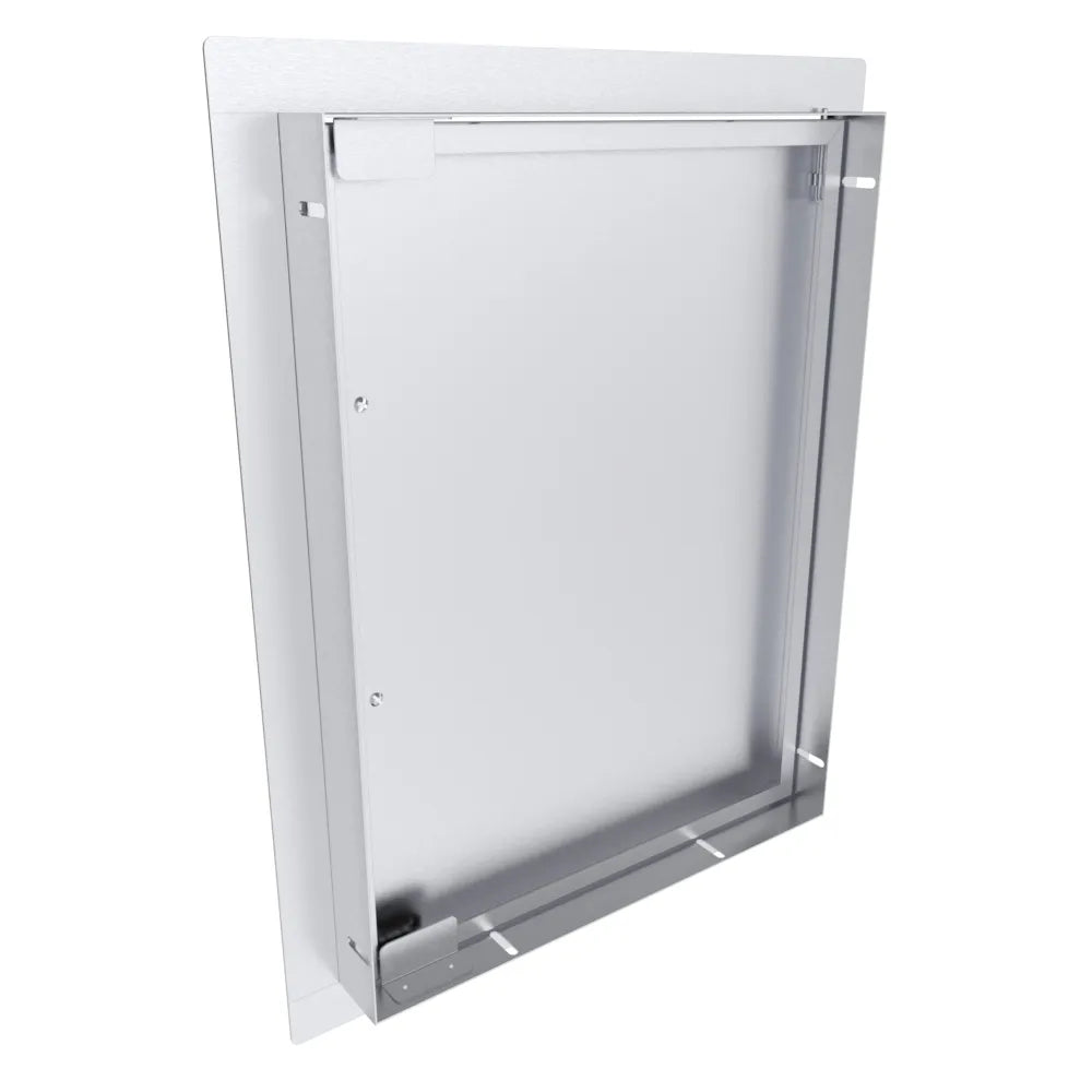 Rear view of Sunstone TEX-16SD 16" reversible access door showing stainless frame and mounting flange for outdoor kitchen cutout.