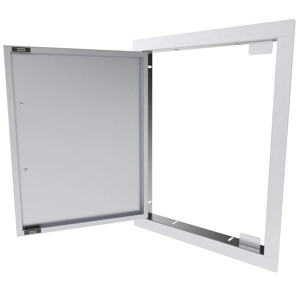 Sunstone TEX-16SD 16-inch reversible access door opened, showing hinge side and removable frame for left or right swing install.