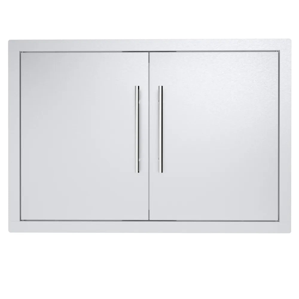 Sunstone TEX-DD30 30" access doors in 304 stainless steel, double-door outdoor kitchen cabinet insert with vertical handles.