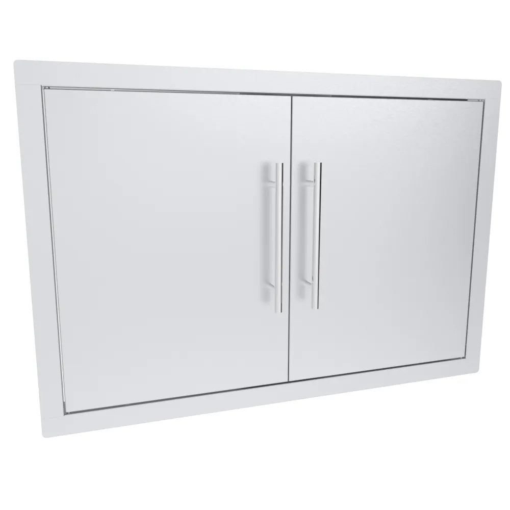 Angled view of Sunstone TEX-DD30 30-inch double access doors, 304 stainless outdoor BBQ island storage doors.