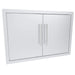 Angled view of Sunstone TEX-DD30 30-inch double access doors, 304 stainless outdoor BBQ island storage doors.