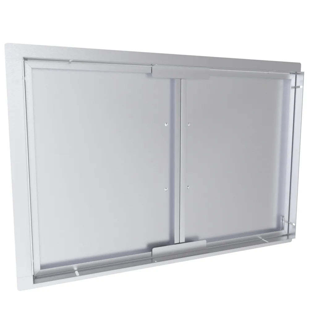Back view of Sunstone TEX-DD30 30" stainless double access doors showing mounting frame and reinforced panel construction.