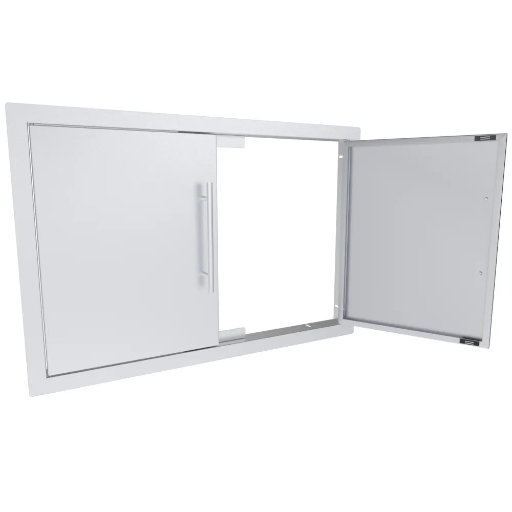 Sunstone TEX-DD30 30-inch 304 stainless double access doors with one door open, showing hinge and flush-mount frame.