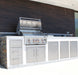 Sunstone 30" stainless double access doors installed in outdoor kitchen island with built-in grill and matching stainless storage doors.