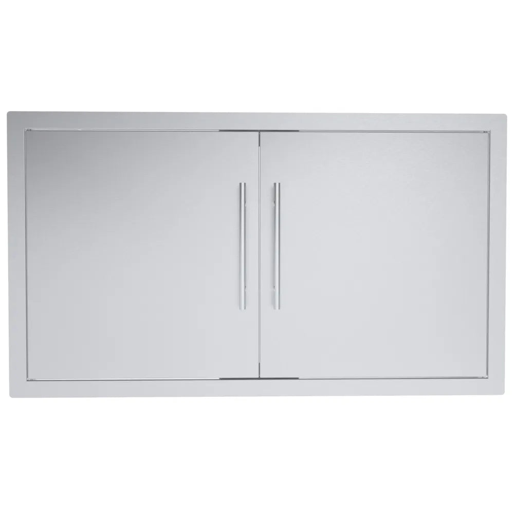 Sunstone TEX-DD36 36" double access doors in 304 stainless steel, flush-mount outdoor kitchen cabinet doors with long handles.