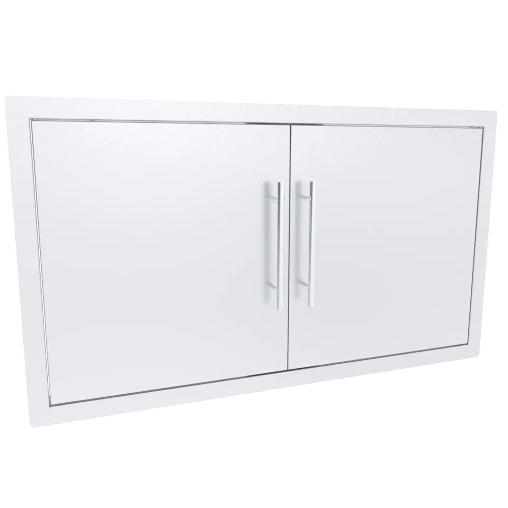 Angled view of Sunstone TEX-DD36 36-inch 304 stainless double access doors for outdoor BBQ island storage.