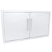 Angled view of Sunstone TEX-DD36 36-inch 304 stainless double access doors for outdoor BBQ island storage.