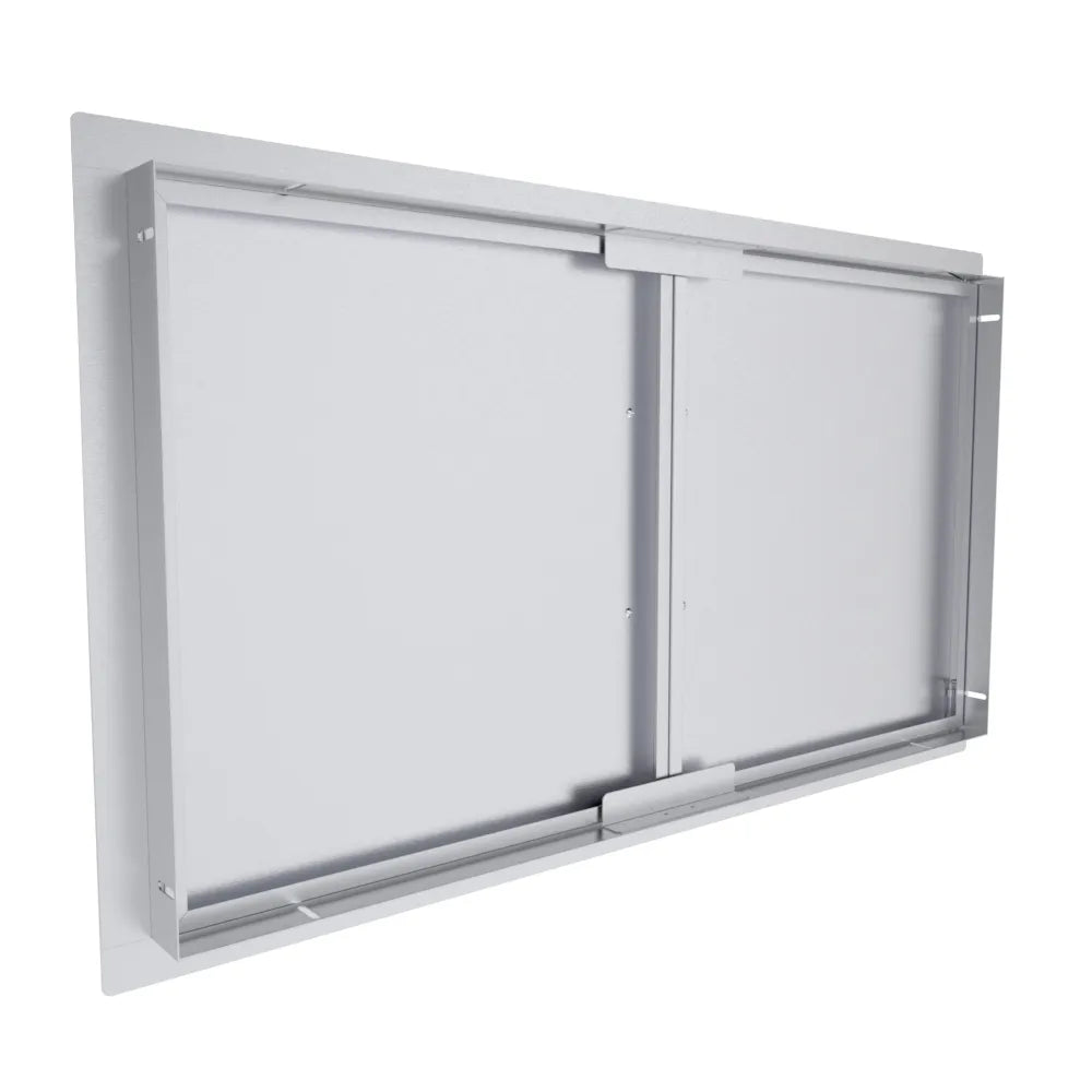 Back view of Sunstone TEX-DD36 36" stainless double access doors showing mounting frame, hinge hardware, and reinforced panels.