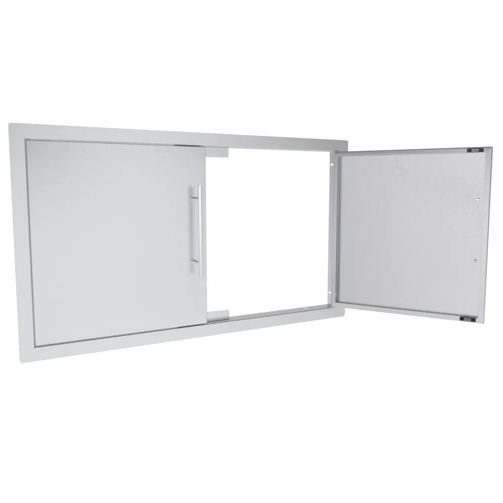 Sunstone TEX-DD36 36-inch double access doors with one door open, showing flush frame and left/right hinge installation.