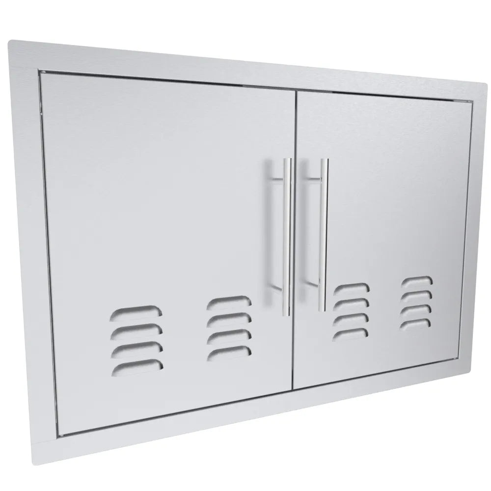 Angled view of Sunstone TEX-DDV30 30-inch vented stainless double access doors for outdoor BBQ island storage.