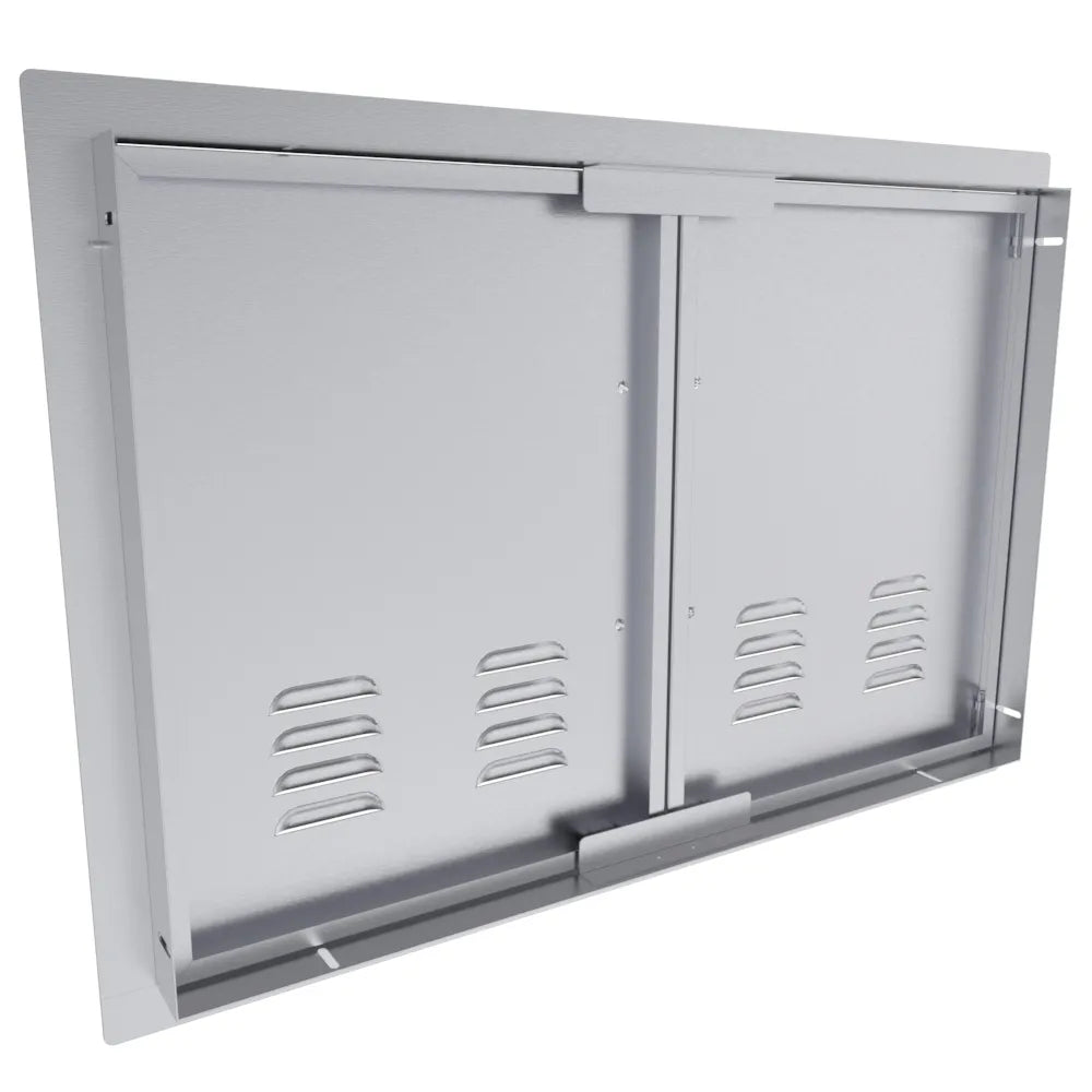 Back view of Sunstone TEX-DDV30 30" vented double access doors showing stainless mounting frame and reinforced panels.