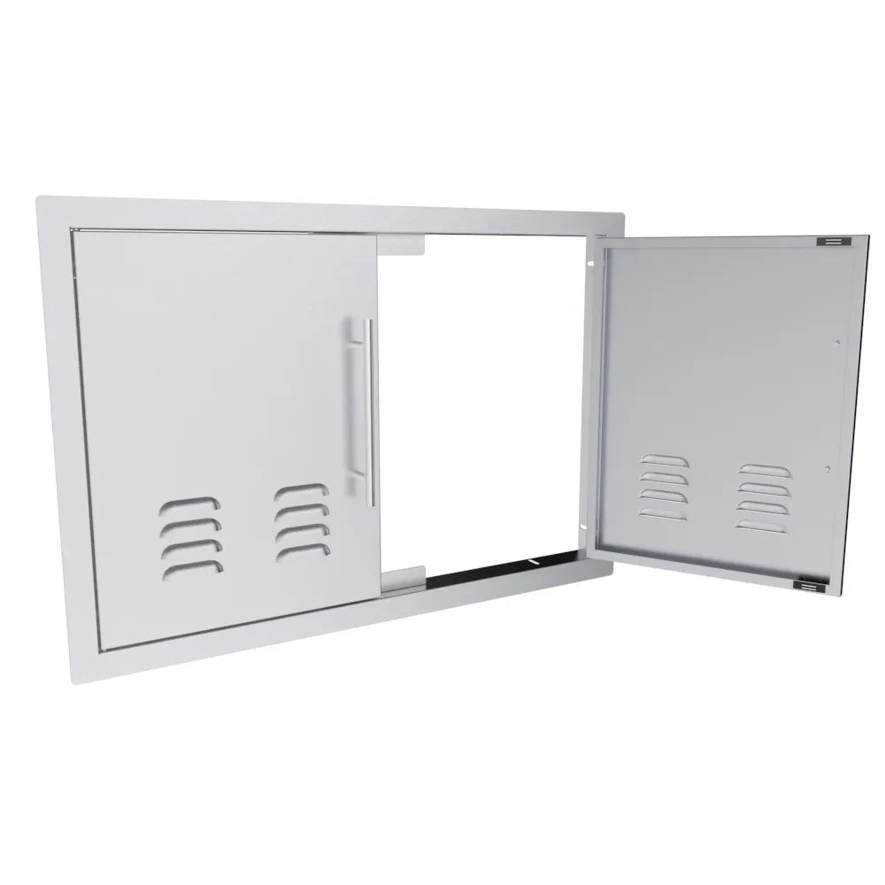 Sunstone TEX-DDV30 30-inch vented double access doors with one door open, showing hinge hardware and ventilation cutouts.