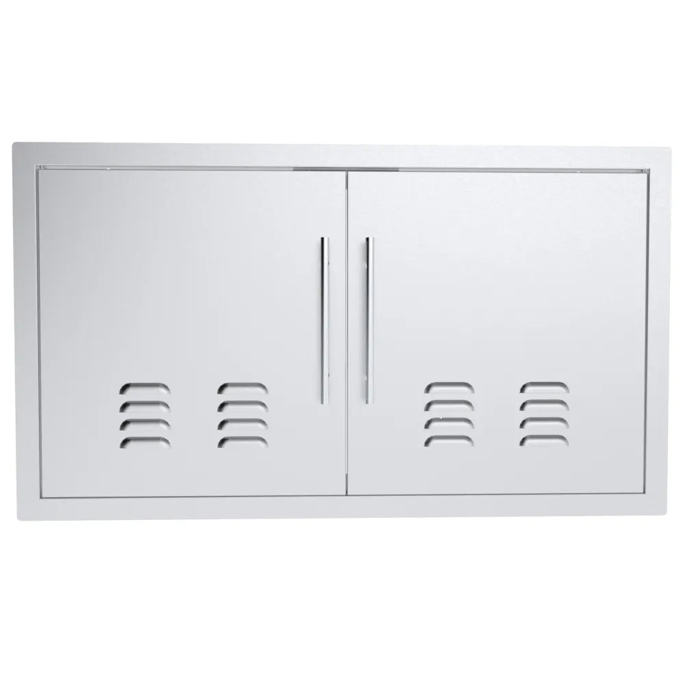 Sunstone TEX-DDV36 36" vented double access doors in 304 stainless steel, flush-mount outdoor kitchen cabinet doors with vents and handles.