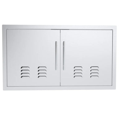 Sunstone TEX-DDV36 36" vented double access doors in 304 stainless steel, flush-mount outdoor kitchen cabinet doors with vents and handles.