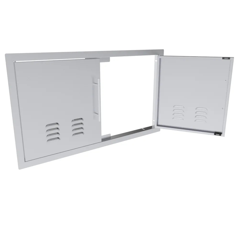 Sunstone TEX-DDV36 36-inch vented double access doors with one door open, showing interior frame, hinge side, and ventilation cutouts.