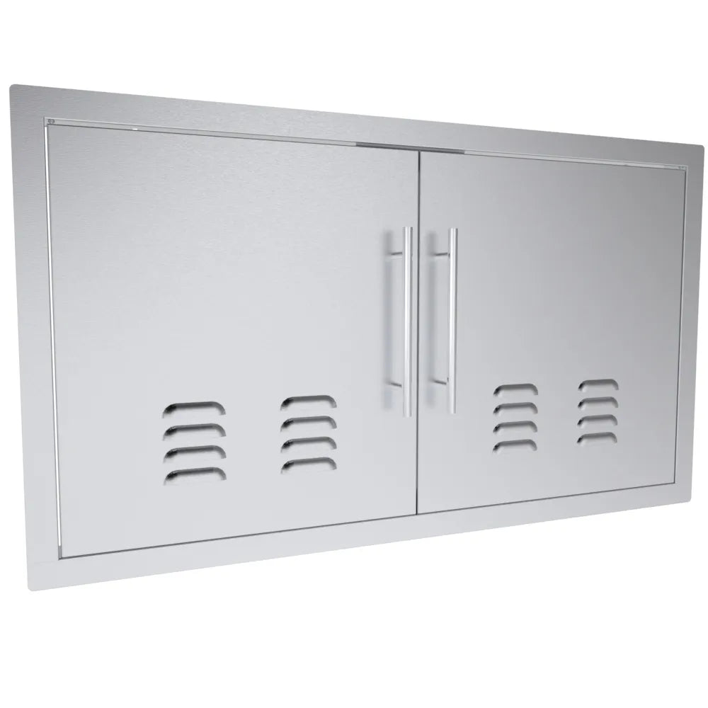 Angled view of Sunstone TEX-DDV36 36-inch vented stainless double access doors for outdoor BBQ island storage and ventilation.