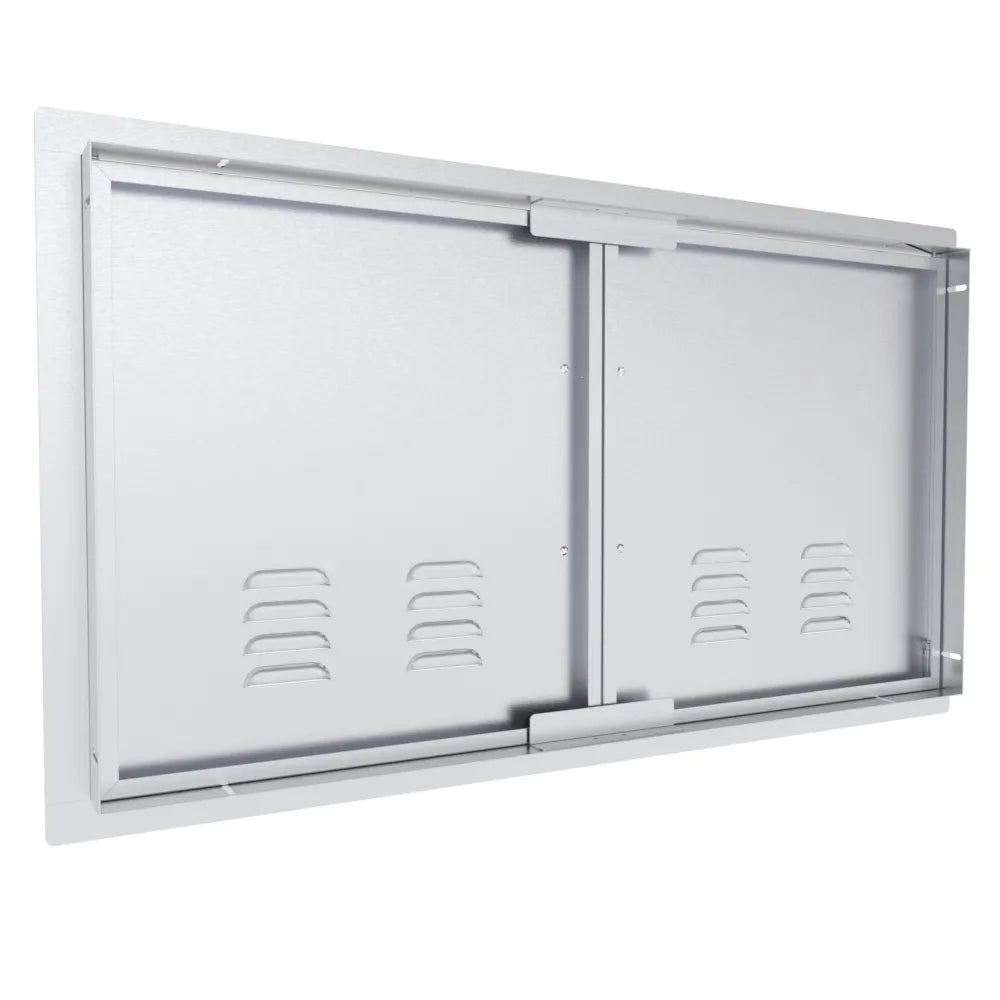 Rear view of Sunstone TEX-DDV36 36" vented double access doors showing stainless mounting frame, hinge hardware, and reinforced panels.