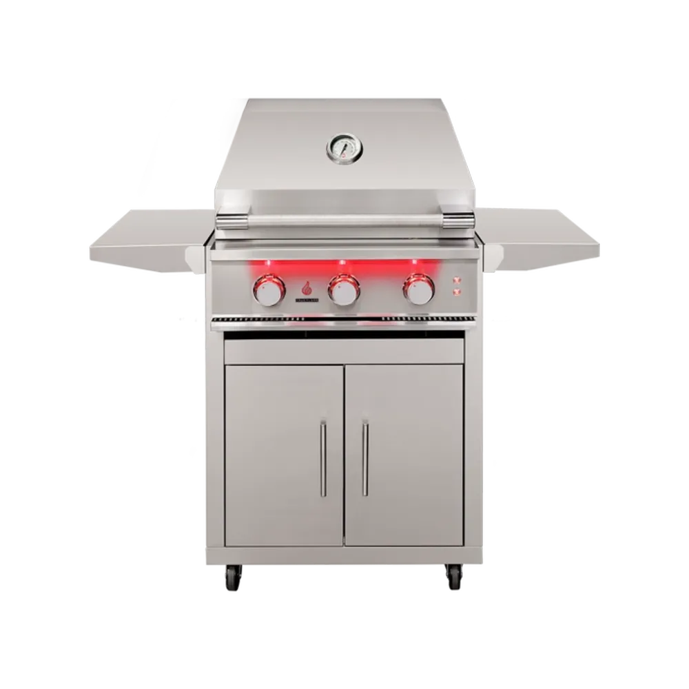 TrueFlame 25" Built-In Gas Grill – 3 Burners, LED Lighting Cart Closed Lid