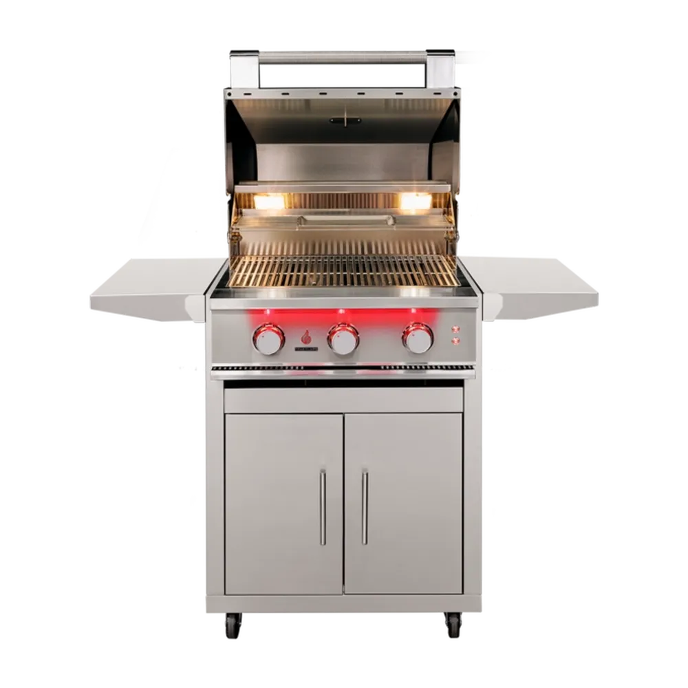TrueFlame 25" Built-In Gas Grill – 3 Burners, LED Lighting Hood Open