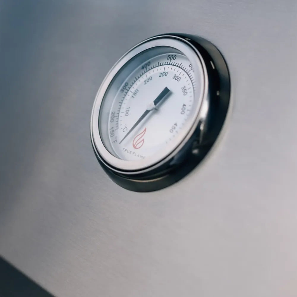 True Flame built-in hood temperature gauge showing Fahrenheit and Celsius scales.
