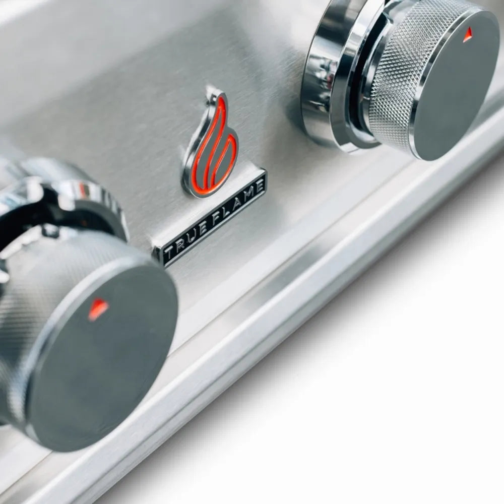 True Flame grill control panel featuring knurled metal knobs with red LED indicator lights.