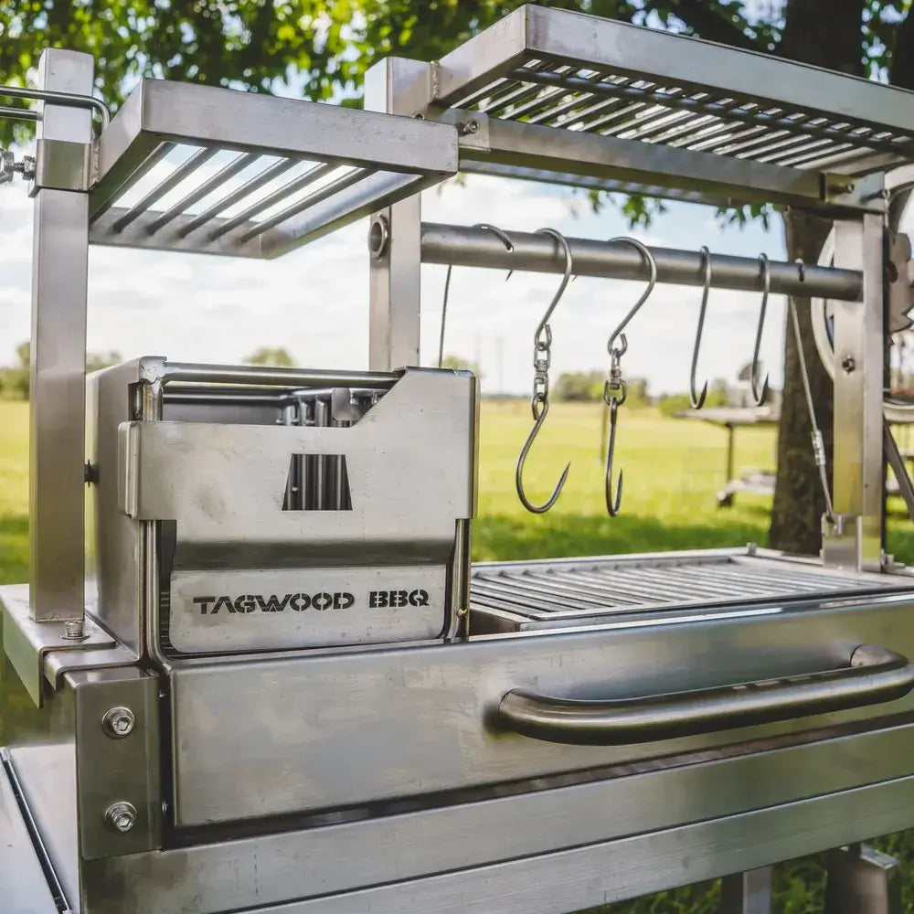 Tagwood BBQ03SS Mini Santa Maria grill close-up of stainless steel hooks and accessory rack